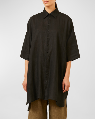 Shop Eskandar Sloped-shoulder Wide A-line Short-sleeve Shirt With Collar (very Long) In Black
