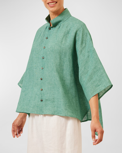 Shop Eskandar Sloped-shoulder Wide A-line Pleated Collar Short-sleeve Shirt (mid Length) In Greenaqua
