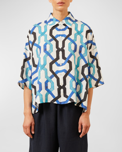 Shop Eskandar Sloped-shoulder Wide A-line Short-sleeve Shirt With Collar (mid Length) In Blues