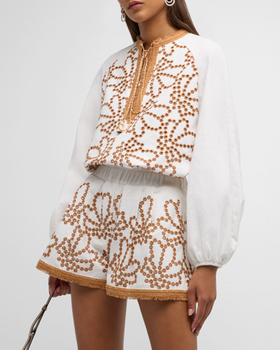Shop Silvia Tcherassi Molveno Embroidered Blouse With Tie Neck In White Cacao Eyele