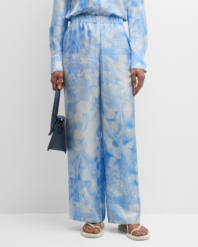 Shop Lafayette 148 Riverside High-rise Floral-print Silk Pants In Sky Blue Multi