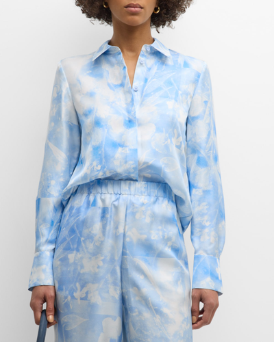 Shop Lafayette 148 Scottie Floral-print Silk Twill Blouse In Sky Blue Multi
