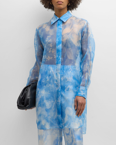 Shop Lafayette 148 Oversized Floral-print Organza Tunic Blouse In Bluebell Multi