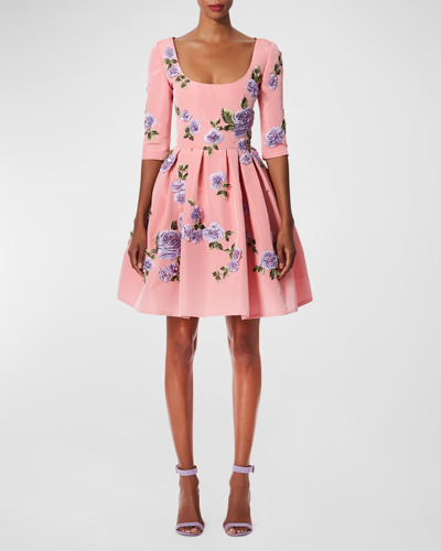 Shop Carolina Herrera Floral Embroidered Sequined Scoop-neck 3/4-sleeve Pleated Dress In Blush