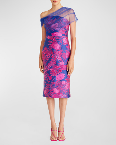 Shop Theia Ruth Floral Jacquard One-shoulder Midi Dress In Electric Violet P