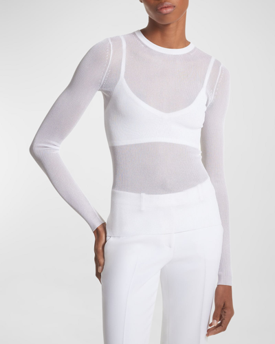 Shop Michael Kors Hutton Long-sleeve Sheer Rib Knit Crewneck Sweater In Optic Whit