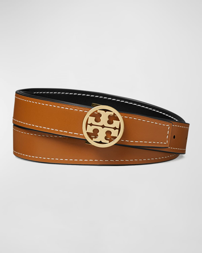 Shop Tory Burch Miller Reversible Smooth Leather Belt In Black Whiskey Gol