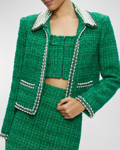 Shop Alice And Olivia Kidman Embellished Metallic Tweed Jacket In Light Emerald