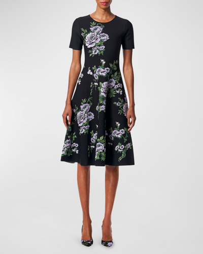 Shop Carolina Herrera Fit-and-flare Floral Print Knit Dress In Black Multi