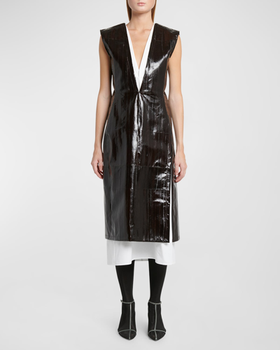 Shop Jil Sander Plunging Sleeveless Paneled Leather Midi Dress In Asphalt