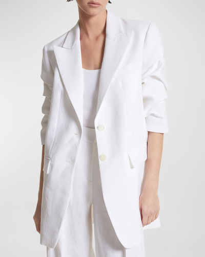 Shop Michael Kors Crush-sleeve Single-breasted Relaxed Linen Blazer Jacket In Optic Whit