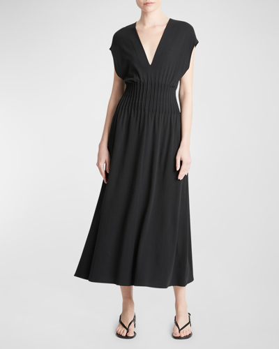 Shop Vince Pintuck V-neck Short-sleeve Midi A-line Dress In Black