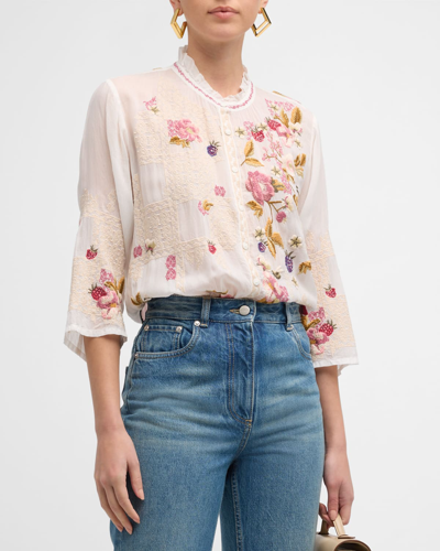 Shop Johnny Was Dyllan Floral-embroidered Georgette Blouse In White
