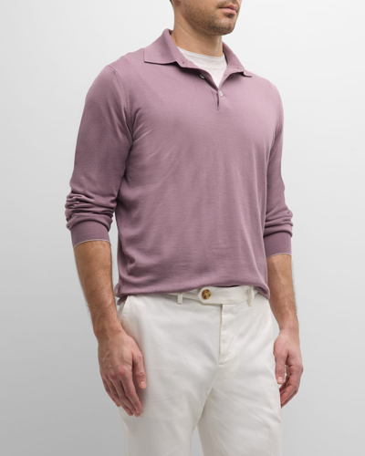 Shop Brunello Cucinelli Men's Wool-cashmere Dress Polo Shirt In Mauve