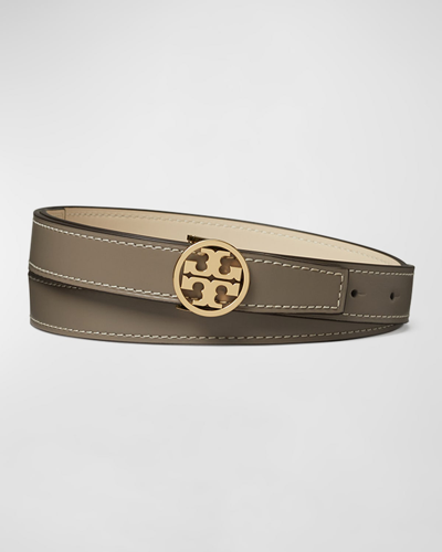 Shop Tory Burch Miller Reversible Smooth Leather Belt In Gray Heron New Cr