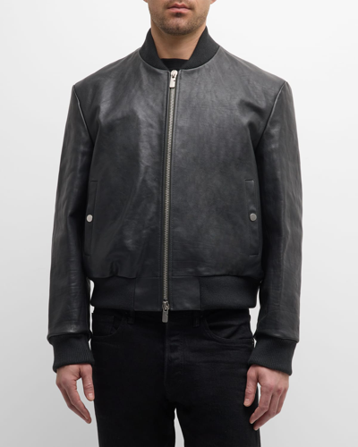 Shop Burberry Men's Grained Leather Bomber Jacket In Onyx
