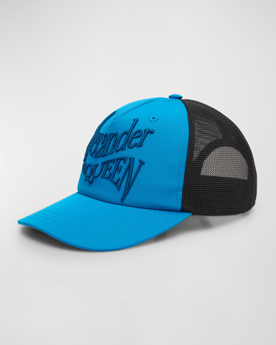 Shop Alexander Mcqueen Men's Warped Logo Trucker Hat In Blue