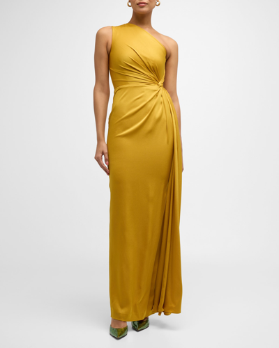 Shop Alex Perry One-shoulder Twisted Satin Crepe Column Gown In Gold