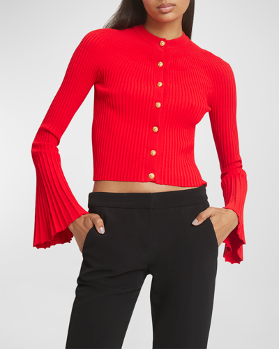 Shop Balmain 7-button Flare-sleeve Pleated Knit Cardigan In Red