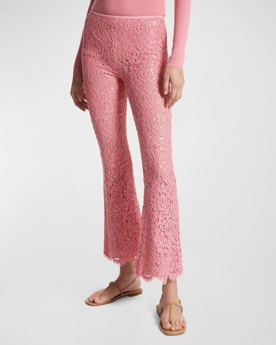 Shop Michael Kors Mid-rise Sequined Floral Lace Bootcut-leg Cropped Pants In Geranium