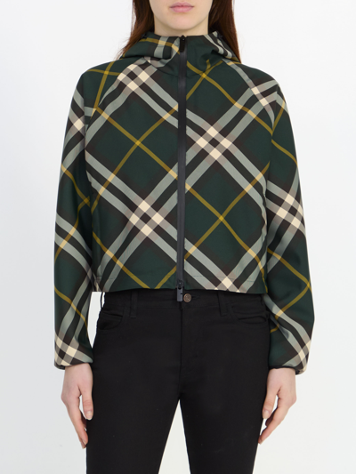 Shop Burberry Check Cropped Lightweight Jacket In Green