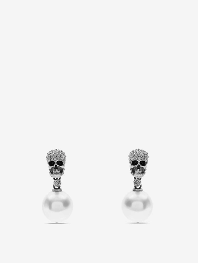 Shop Alexander Mcqueen Swarovski Skull Earrings In Platejat