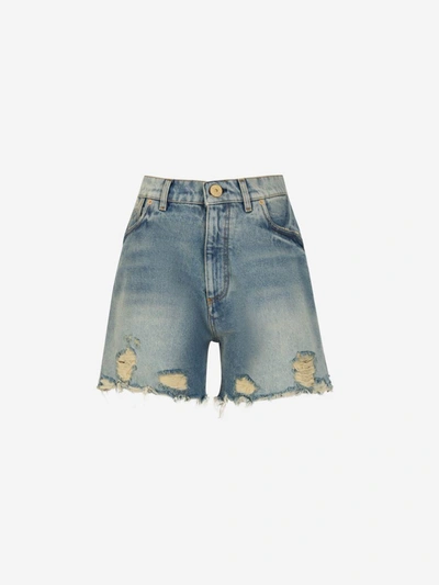 Shop Balmain Cotton Denim Shorts In Blau Denim