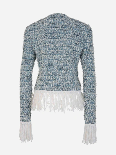 Shop Balmain Fringed Tweed Jacket In Blau Denim