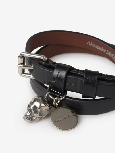 Shop Alexander Mcqueen Leather Skull Bracelet In Negre