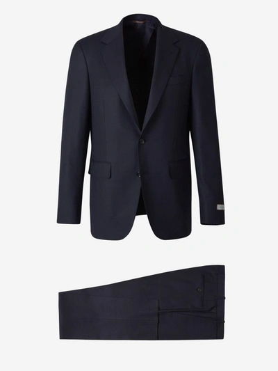Shop Canali Plain Wool Suit In Blau Nit