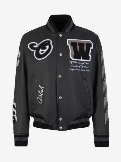 Shop Off-white Leather Varsity Bomber Jacket In Negre