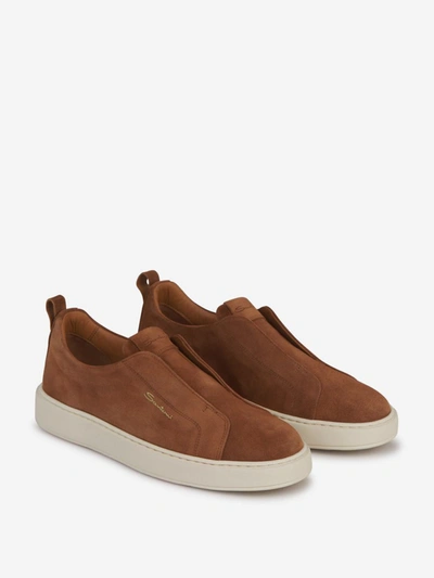 Shop Santoni Leather Slip-on Sneakers In Camel