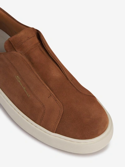 Shop Santoni Leather Slip-on Sneakers In Camel