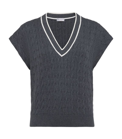 Shop Brunello Cucinelli Cotton Cable-knit Sweater-vest In Grey