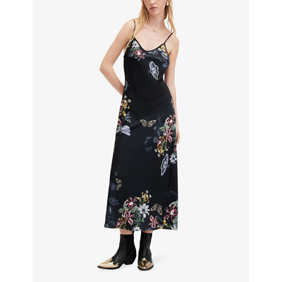 Shop Allsaints Bryony Sanibel Floral-print Recycled-polyester Midi Slip Dress In Black
