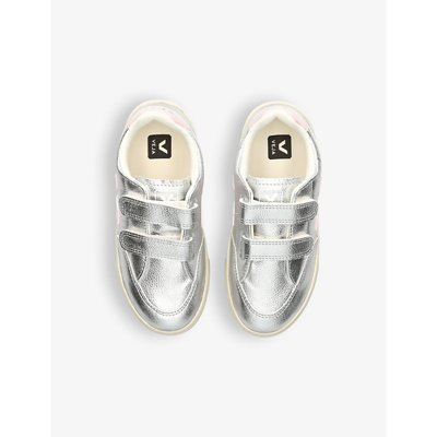 Veja V12 Logo-embroidered Leather Low-top Trainers 6-9 Yea In Silver