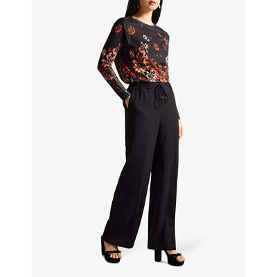 Shop Ted Baker Womens Black Feonlaa Floral-print Slim-fit Woven T-shirt