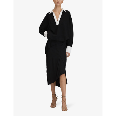 Shop Reiss Zaria Draped Stretch-woven Midi Skirt In Black