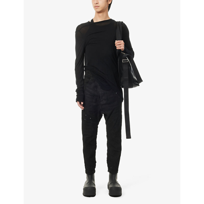 Shop Boris Bidjan Saberi Men's Black Asymmetric-waist Drawstring-trim Regular-fit Stretch-denim Jeans