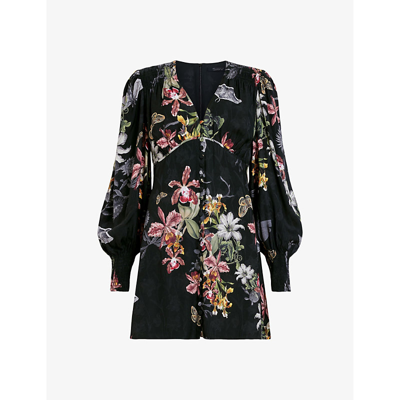 Shop Allsaints Auden Sanibel Floral-print Woven Mini Dress In Black