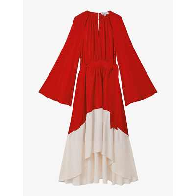 Shop Reiss Women's Red/cream Luella Round-neck Woven Midi Dress