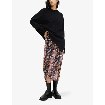 Shop Allsaints Nora Tahoe Snake-print Stretch-woven Midi Skirt In Tan Brown
