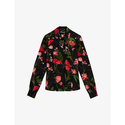 Shop Ted Baker Womens Black Meggha Floral-print Fitted Woven Shirt