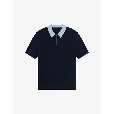 Shop Ted Baker Men's Navy Arwik Zipped-collar Short-sleeve Knitted Polo