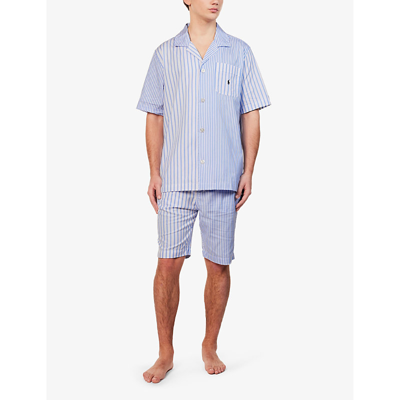 Shop Polo Ralph Lauren Mens Blue Stripe-pattern Logo-embroidered Cotton Pyjamas