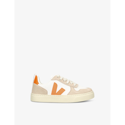 Shop Veja V10 Logo-embroidered Low-top Leather Trainers 6-9 Years In Beige Comb