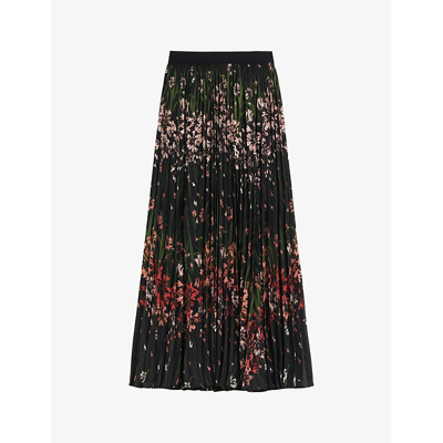 Shop Ted Baker Enricaa Floral-print Pleated Woven Midi Skirt In Black