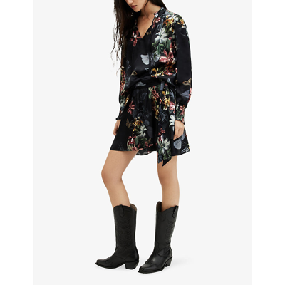 Allsaints Womens Black Maria Sanibel Floral-print Woven Mini Skirt In Black
