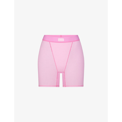 Shop Skims Women's Bubble Gum Cotton Rib Logo-waistband Stretch-cotton Boxer Shorts
