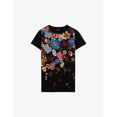 Shop Ted Baker Women's Black Bealaa Floral-print Slim-fit Stretch-jersey T-shirt